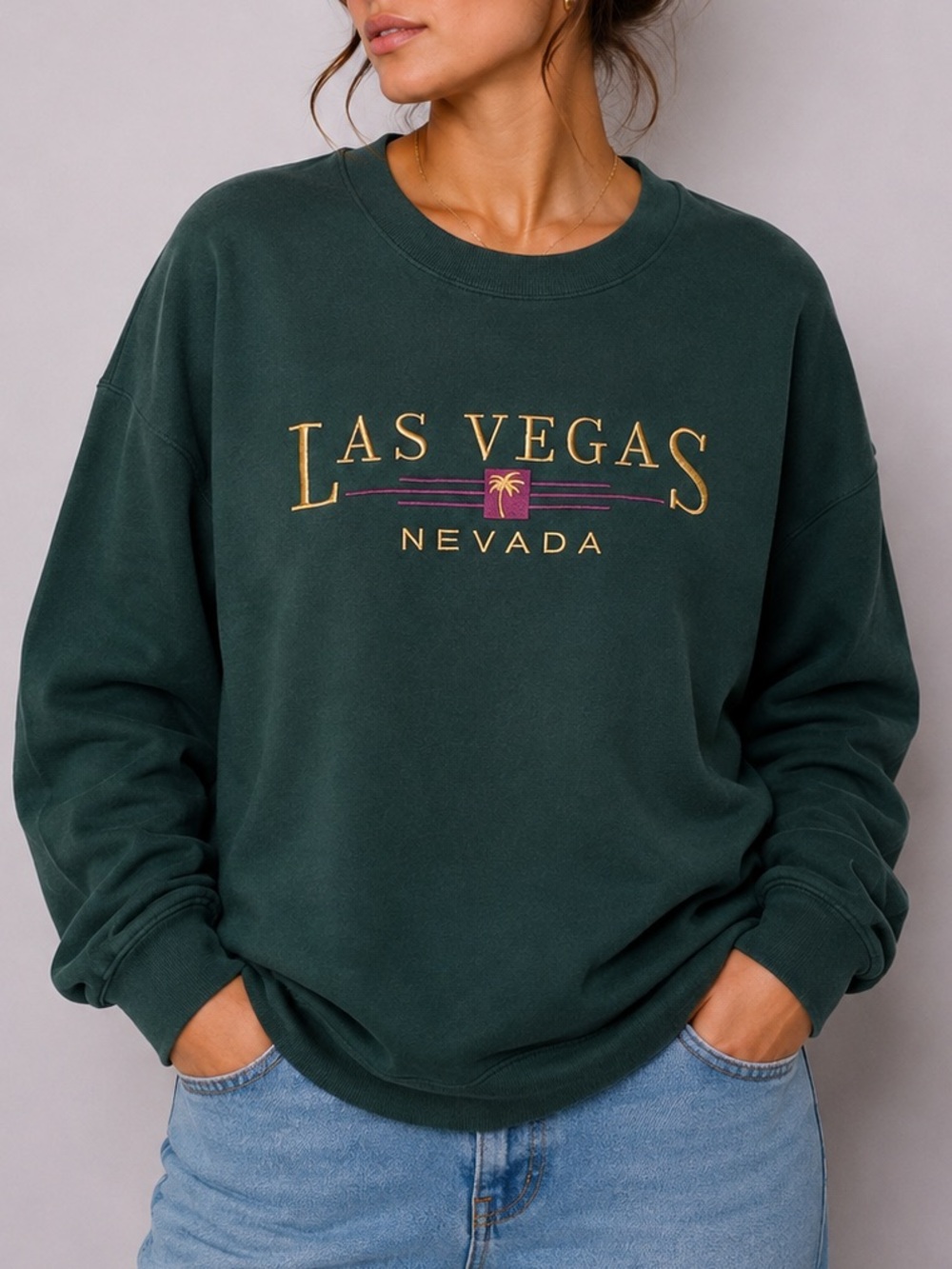Vintage Sweater 90s Las Vegas Nevada Embroidered Crewneck Sweater Green